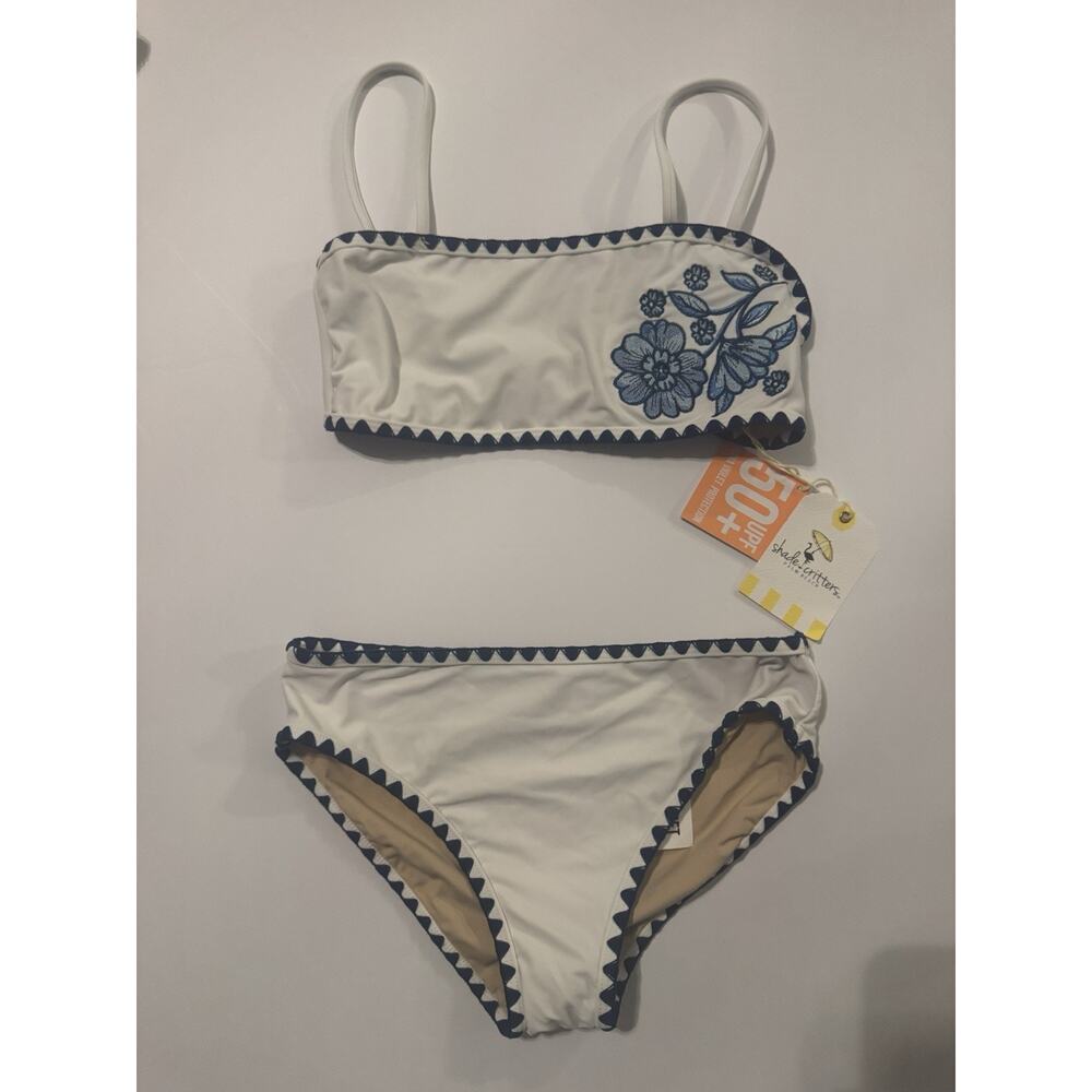 Girls' White & Navy Floral Trim One-Piece Swim Set